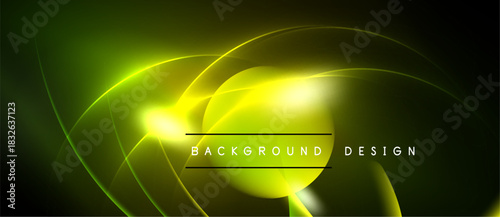 Bright neon lines form abstract shapes. Green, yellow hues dominate dark background. Text reads background design. Modern visual element.