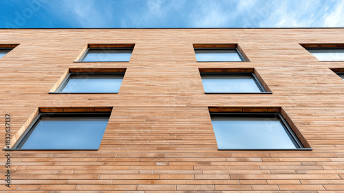 Modern wood facade window pattern minimal architecture with clear sky and calm mood