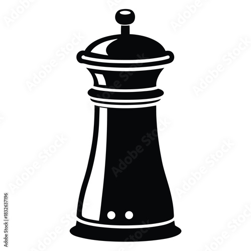 A sleek, black pepper grinder stands alone with a minimalist silhouette on white