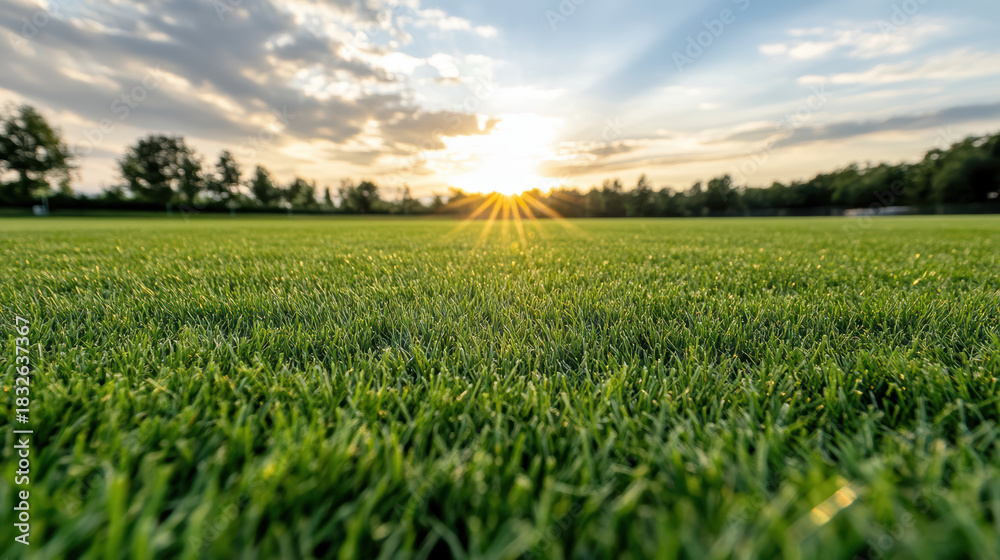 Fototapeta premium Sunrise grass field lawn closeup green texture soft sunlight serene