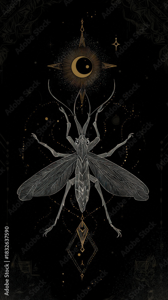 custom made wallpaper toronto digitalElegant Insect Illustration with Moon and Stars on Black Background, Decorative Entomology Art, Mystical and Celestial Design