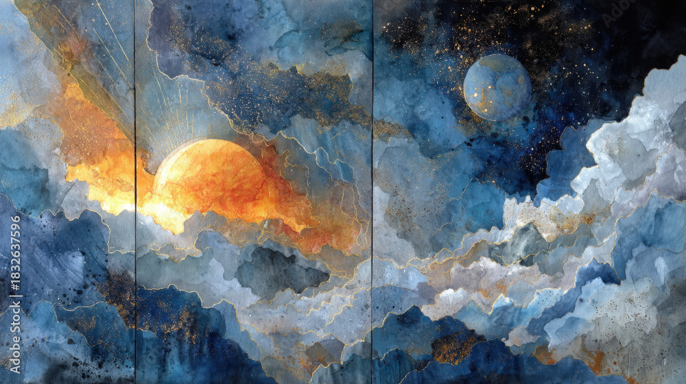 custom made wallpaper toronto digitalAbstract Watercolor Painting of Celestial Landscape with Sun, Moon, Clouds, Gold Accents, and Dreamy Atmosphere for Wall Art and Creative Projects