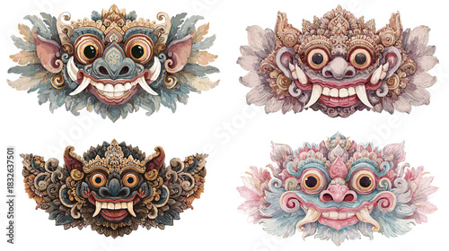 Detailed traditional Barong mask illustrations with expressive faces, ornate patterns, and cultural motifs, ideal for folklore themes, decorative art, and cultural design projects.