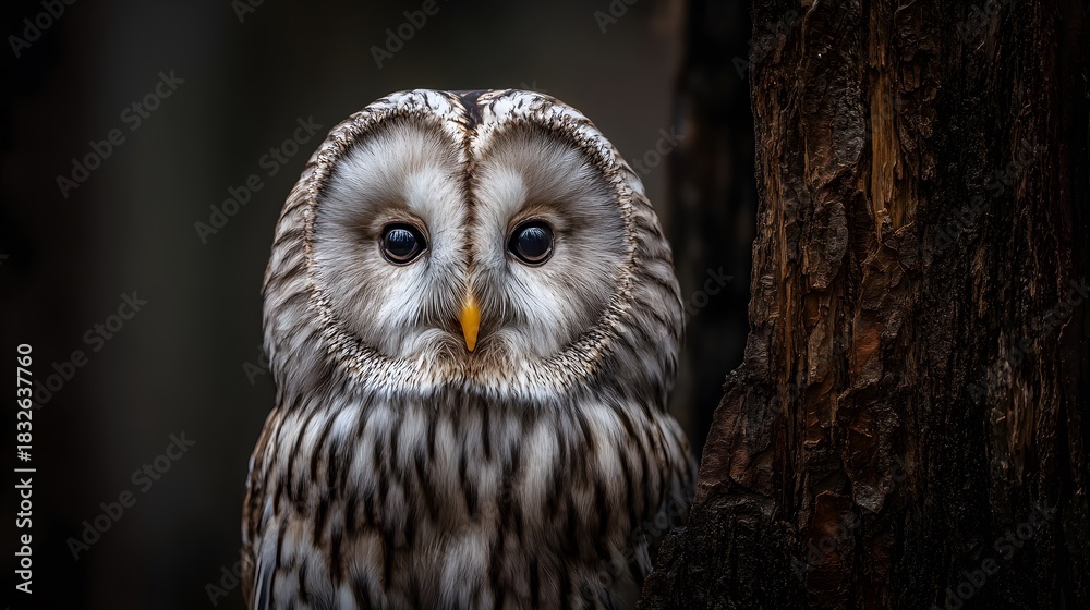 Fototapeta premium A curious owl with large intelligent eyes staring intensely