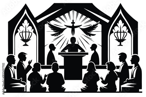 Silhouetted preacher delivers sermon to seated congregation under cross and heavenly light in church