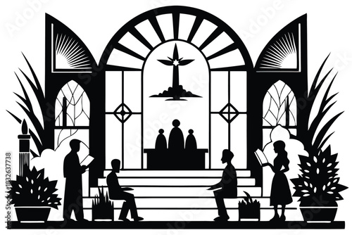 Silhouetted figures are reading books inside an elaborate architecture within a classic church setting