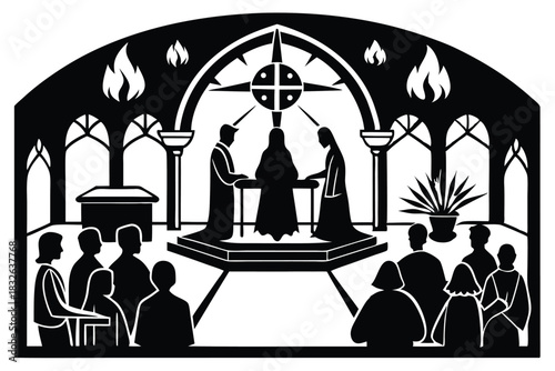 Silhouetted ceremony shows solemn occasion with flames, arch, podium, and guests in attendance