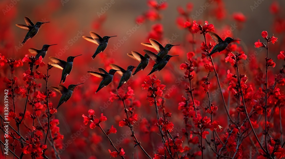 Obraz premium Hummingbird flock hovering near red flowers in bright sunlight
