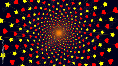 An abstract radial burst background featuring repeating heart and star shapes arranged in a symmetrical outward pattern