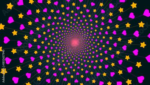 An abstract radial burst background featuring repeating heart and star shapes arranged in a symmetrical outward pattern