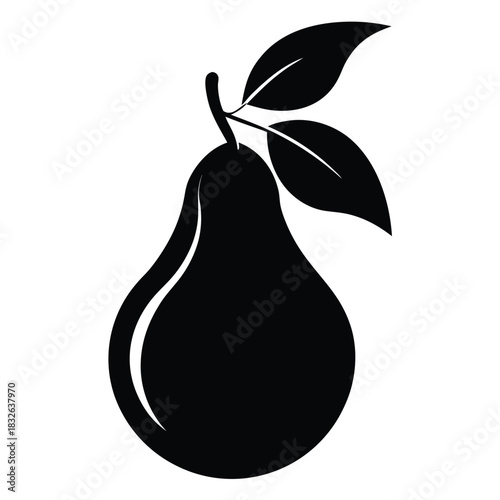 A black, stylish pear icon with leaves provides a simple, yet recognizable silhouette