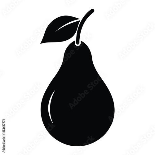 A dark, silhouette of a pear with a stem and single leaf