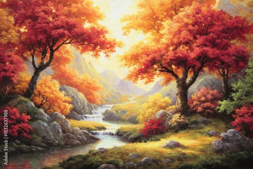 Autumnal Forest Landscape with River and Mountains Illuminated by Sunlight