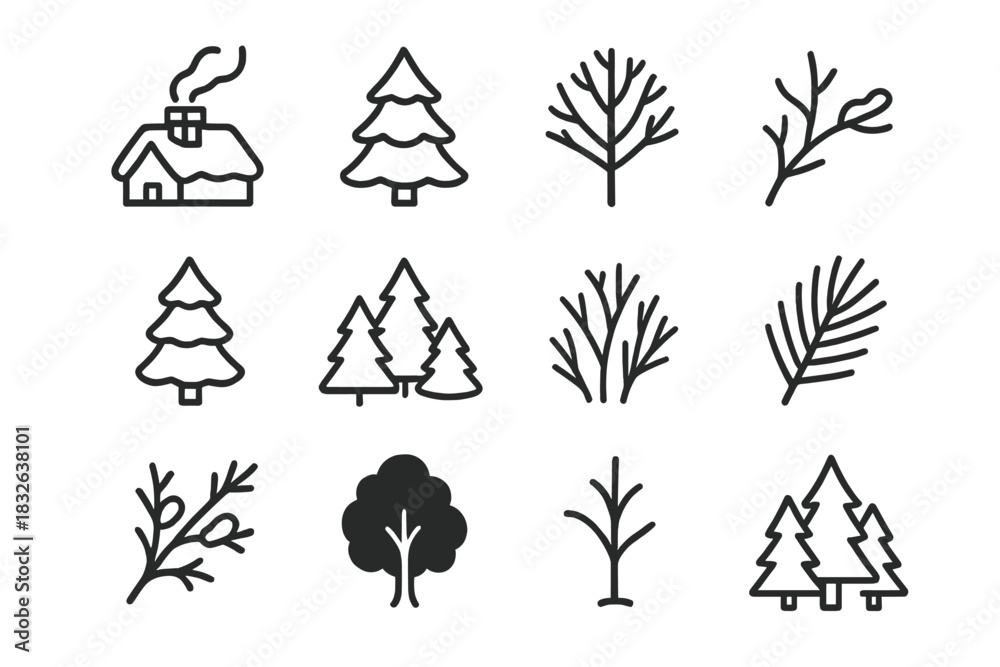 Fototapeta premium Snowy Rooftop Icons. Snowy rooftop with chimney smoke – Surrounding Trees. Line outline icon set of