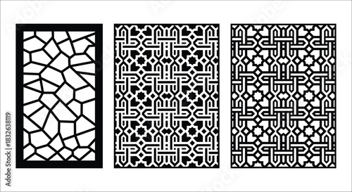 Three Decorative Geometric Pattern Panels Black and White vector illustration