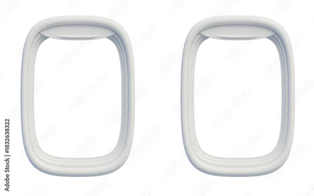 Fototapeta premium Realistic airplane window frames in front view, showcasing smooth, rounded edges. Ideal for aviation design, travel graphics, simulations, and aircraft branding.