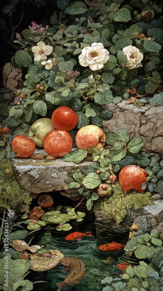 custom made wallpaper toronto digitalEnchanting Garden Scene with Apples, White Roses, Lush Greenery, and Koi Fish in a Tranquil Pond, Evoking a Sense of Natural Beauty and Serenity