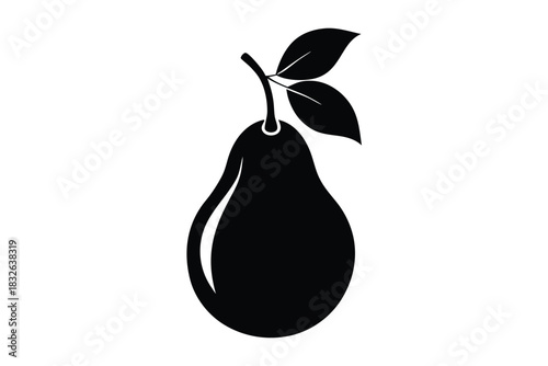 Black pear silhouette with stem and leaves presents a minimalistic and elegant icon