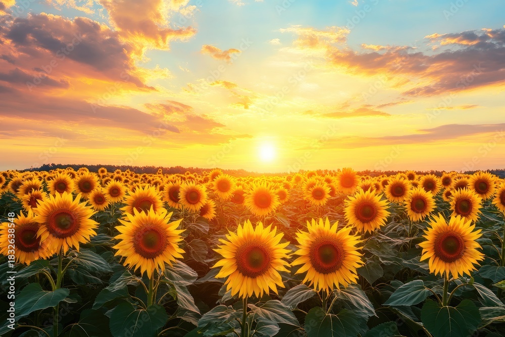 Fototapeta premium A vibrant field of sunflowers stretches across the horizon under a sky painted with hues of orange and pink, as the sun sets in the distance, casting a warm glow over the scene.