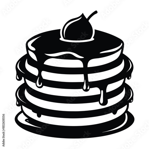 Stack of pancake topped with syrup and cherry presents a delectable monochrome dessert