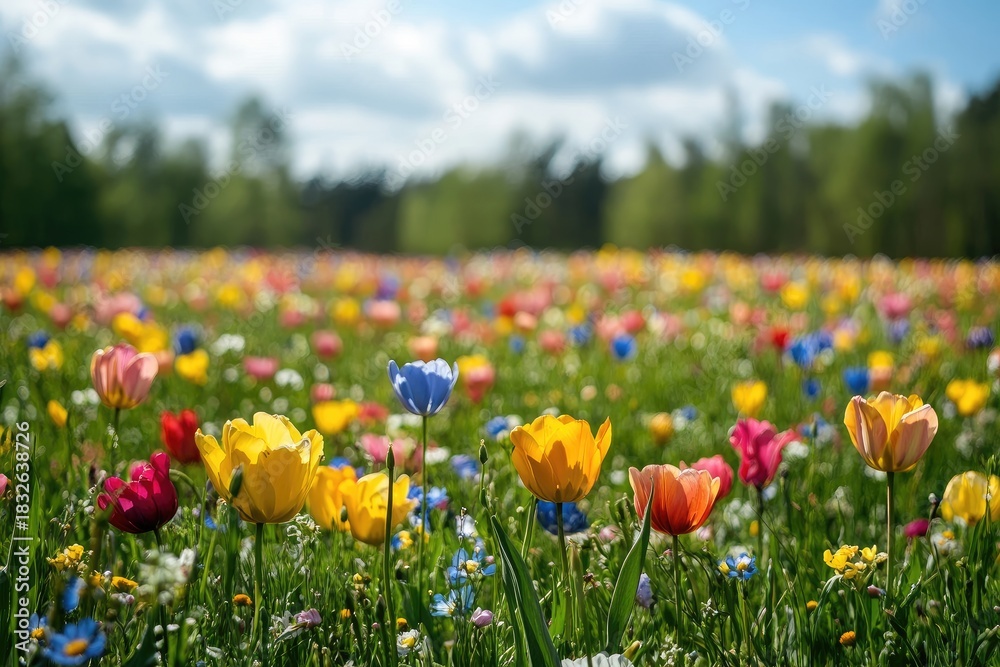 Fototapeta premium A vibrant field of tulips, with a variety of colors and shapes, stretching out into the distance under a clear blue sky.