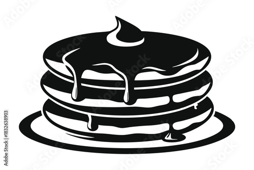 Stack of three delicious pancakes topped with sweet dripping syrup is depicted