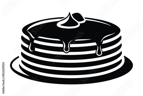 A stack of pancakes is drizzled with syrup, creating an appetizing dessert in monochrome