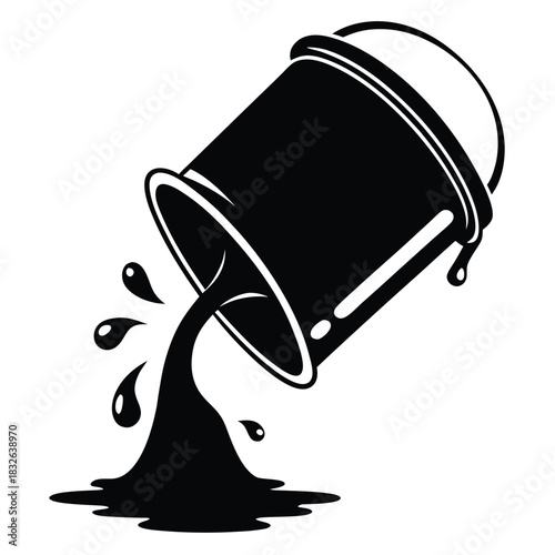 Tilted bucket spills black fluid, creating dark splashes and small droplets everywhere