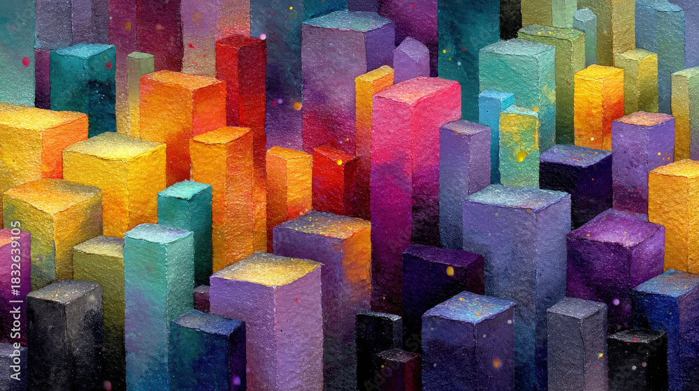 custom made wallpaper toronto digitalAbstract Cityscape Painting with Colorful Geometric Buildings, Textured Surface, Modern Art, Urban Landscape, Vivid Colors, Contemporary Artwork