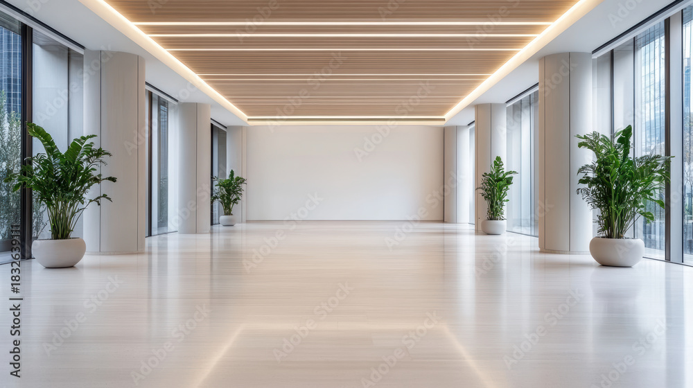 Fototapeta premium Minimal modern event hall with wood ceiling, floor and potted plants creating calm ambience