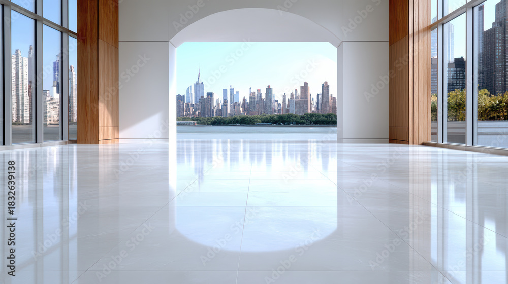 Fototapeta premium Spacious modern interior city skyline large windows polished floor architectural minimalism