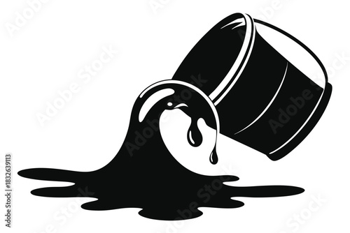 Black liquid is pouring from an overturned bucket, creating a scattered puddle