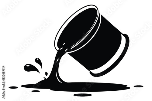 In monochrome, black liquid spills from a tilted metal bucket creating small puddles