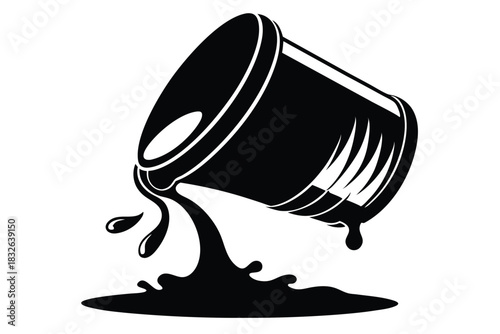 Tilted can spills liquid, creating an inky puddle with droplets in isolated vector