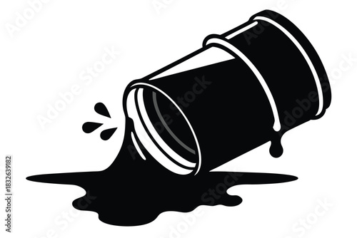 An overturned barrel spills thick, dark liquid onto a white surface, creating a bold statement