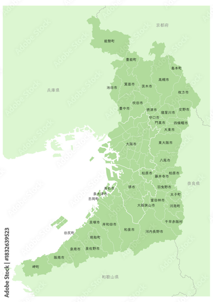 Obraz premium 日本の都市の詳細地図シリーズ。大阪府の市町村名付きの地図。A series of detailed maps of Japanese cities. A map of Osaka Prefecture with city and town names 