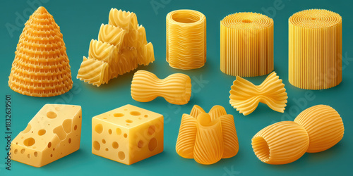 Collection of Various Pasta Shapes and Cheese Cubes on Teal Background, Representing Italian Cuisine and Culinary Diversity, Food Photography