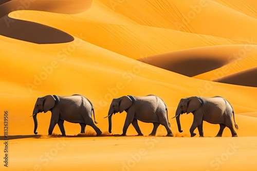 Fototapeta Naklejka Na Ścianę i Meble -  A group of elephants walking in a line through a desert landscape, with sand dunes and sparse vegetation in the background.