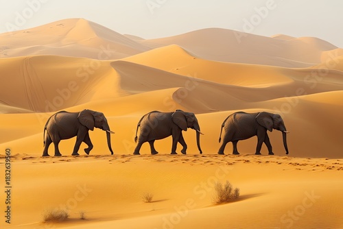 Fototapeta Naklejka Na Ścianę i Meble -  The majestic trio of elephants, their tusks gleaming under the golden light of the desert sun, traverse the vast expanse of sand dunes, their journey a testament to their strength and resilience.
