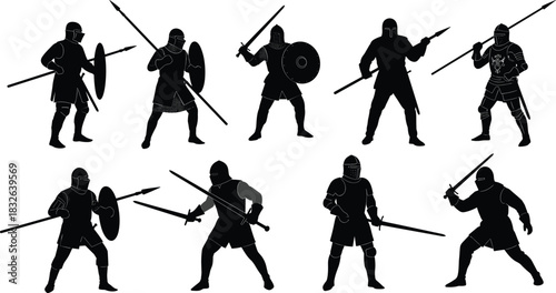Medieval Knight Warrior Silhouettes Vector Collection: 