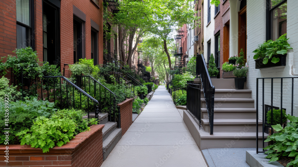 Fototapeta premium Brownstone sidewalk rowhouse garden walkway peaceful urban tree lined
