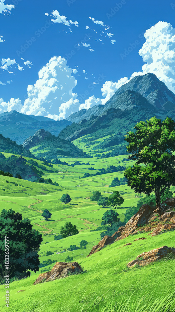 custom made wallpaper toronto digitalLush Green Valley Landscape with Rolling Hills, Mountains, and Blue Sky with Clouds, Anime Style Scenic View of Nature, Peaceful and Serene Environment
