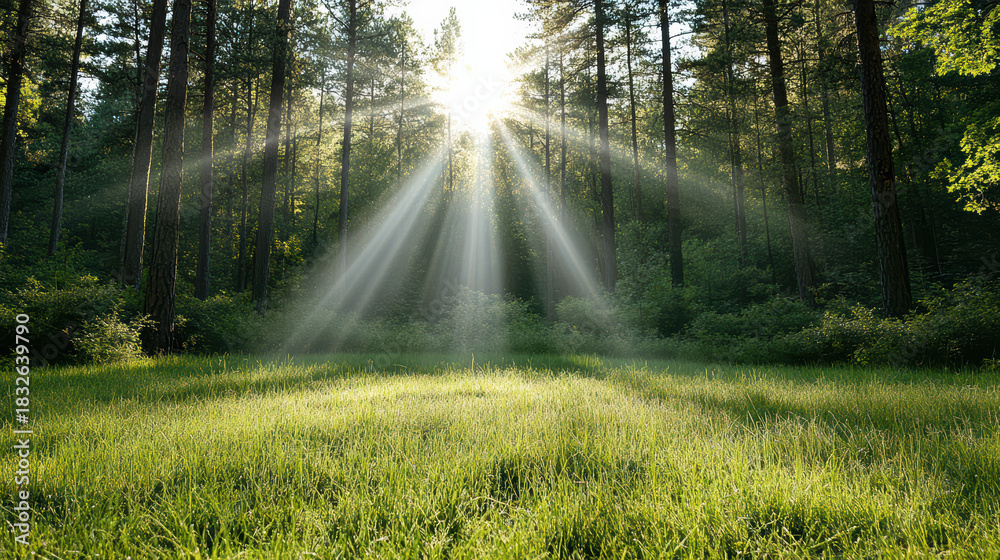Fototapeta premium Sunlit forest meadow with warm sunbeams streaming through trees, peaceful morning glow