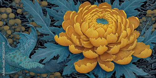 Elegant Golden Chrysanthemum with Blue Accents, Artistic Floral Design, Detailed Petals and Leaves, Botanical Illustration, Decorative Art, Nature