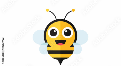 Cute cartoon bee smiling with big eyes and wings ready to fly.