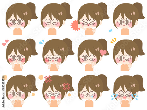 眼鏡をかけたポニーテールの女の子（セット01）