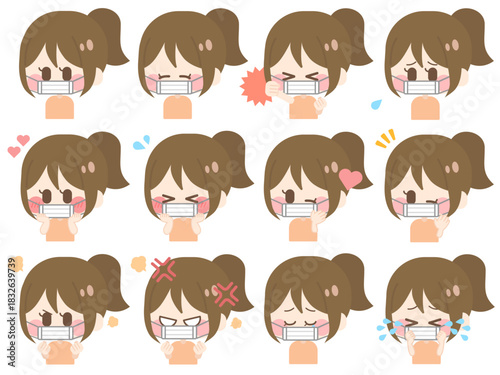 マスクをしたポニーテールの女の子（セット01）