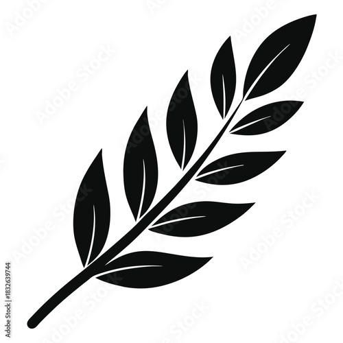 Simple black silhouette of a small branch with sharp leaves against a white backdrop