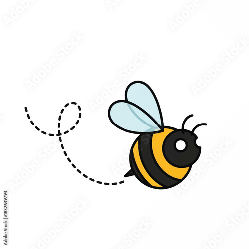 Cute Cartoon Bumblebee Flying with Dotted Line Path.