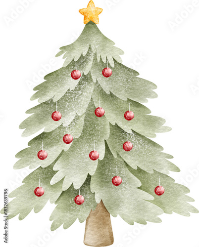 Watercolor Christmas Tree Illustration – Hand-Painted Holiday Winter Decoration